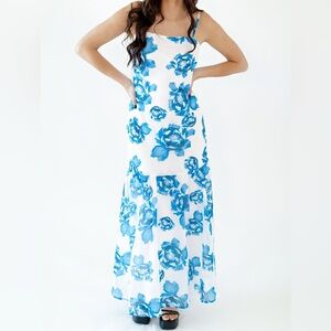 NWT Here Comes The Sun Blue Floral Drop Hem Sleeveless Maxi Dress XS Retail $90